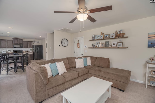 611 Colony Lakes Dr, Lexington, SC 29073 - living room featuring ceiling fan, light colored carpet, and recessed lighting