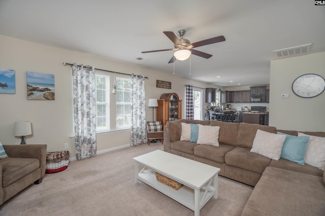 611 Colony Lakes Dr, Lexington, SC 29073 - living area featuring a ceiling fan, light carpet, and recessed lighting