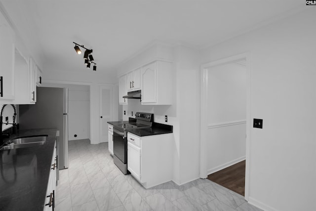 455 Harleston Rd, Irmo, SC 29063 - kitchen with electric range, white cabinetry, under cabinet range hood, and light marble finish flooring