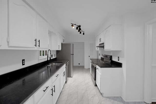 455 Harleston Rd, Irmo, SC 29063 - kitchen with appliances with stainless steel finishes, under cabinet range hood, white cabinets, and light marble finish flooring