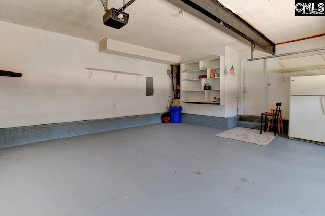 125 Durham Creek Ct, Columbia, SC 29229 - garage with freestanding refrigerator, a garage door opener, and electric panel
