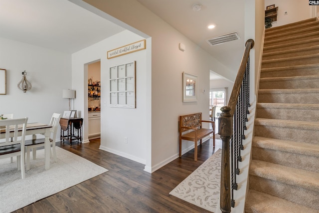 2 Hay Field Ct, Lugoff, SC 29078 - foyer with dark wood finished floors, stairs, and recessed lighting