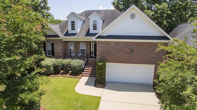 110 Lake Hilton Dr, Chapin, SC 29036 - new england style home with concrete driveway, brick siding, a front yard, roof with shingles, and an attached garage