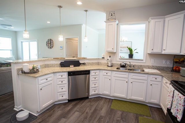 140 Green Ivy Ct, Camden, SC 29020 - kitchen featuring stainless steel dishwasher, white cabinetry, dark wood-type flooring, a peninsula, and black range oven