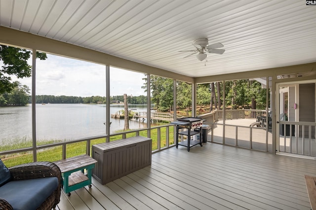 732 Nichols Ct, Leesville, SC 29070 - sunroom with a ceiling fan and a water view