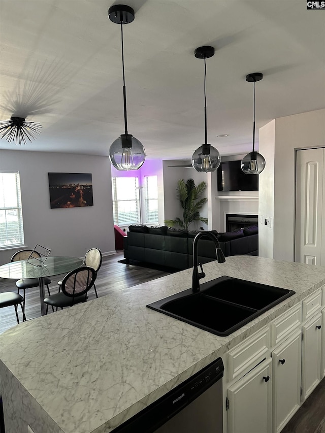5 Battery Walk Ct Unit B, Columbia, SC 29212 - kitchen featuring open floor plan, dishwasher, dark wood-style flooring, light countertops, and white cabinets