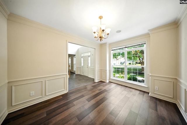 112 Rivendell Dr, Lexington, SC 29073 - unfurnished room featuring a chandelier, a decorative wall, dark wood-type flooring, crown molding, and a wainscoted wall
