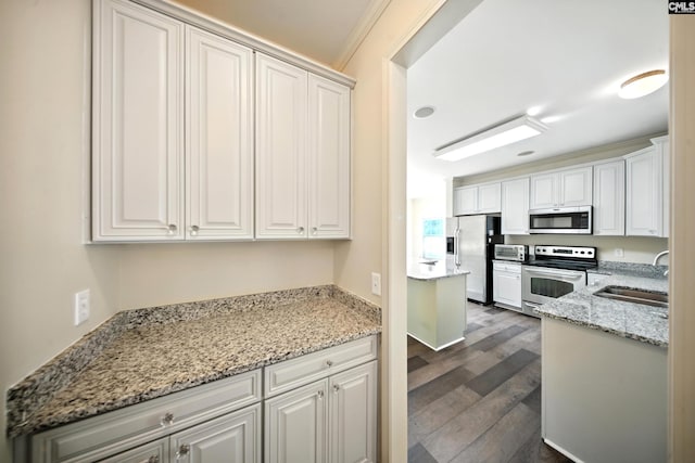 112 Rivendell Dr, Lexington, SC 29073 - kitchen with stainless steel appliances, dark wood-style flooring, light stone counters, and white cabinetry