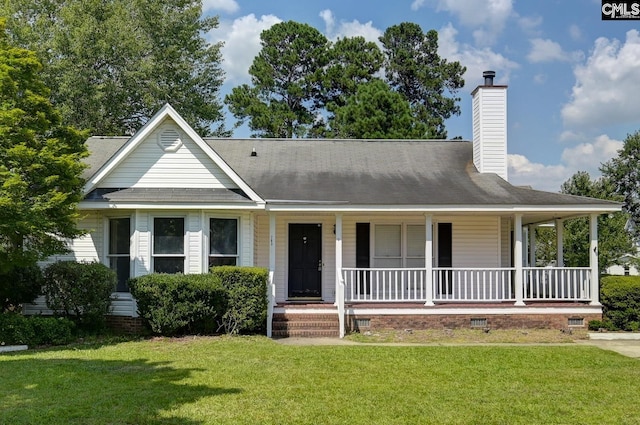 263 Sausage Ln, West Columbia, SC 29170 - view of front facade with covered porch, a front yard, a chimney, and crawl space