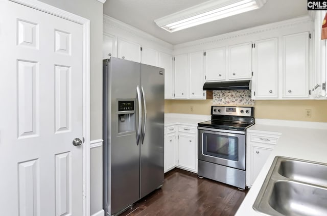 263 Sausage Ln, West Columbia, SC 29170 - kitchen with stainless steel appliances, under cabinet range hood, light countertops, dark wood-style floors, and white cabinetry
