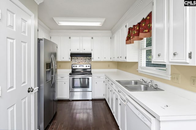 263 Sausage Ln, West Columbia, SC 29170 - kitchen featuring stainless steel appliances, under cabinet range hood, white cabinetry, and dark wood finished floors