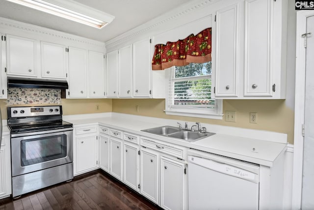 263 Sausage Ln, West Columbia, SC 29170 - kitchen featuring stainless steel electric range oven, dishwasher, under cabinet range hood, dark wood-type flooring, and white cabinetry