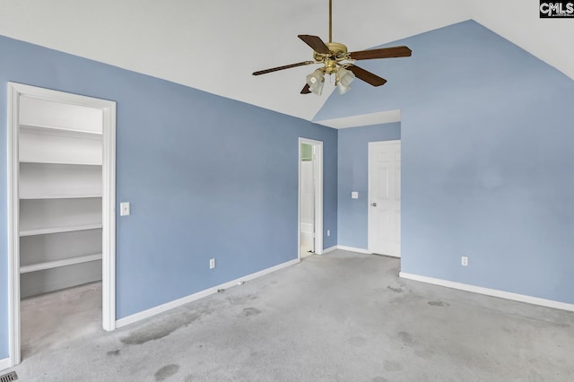263 Sausage Ln, West Columbia, SC 29170 - unfurnished bedroom with a walk in closet, lofted ceiling, carpet, ceiling fan, and a closet