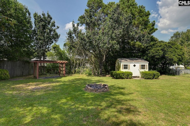 263 Sausage Ln, West Columbia, SC 29170 - fenced backyard with an outdoor fire pit and a storage unit