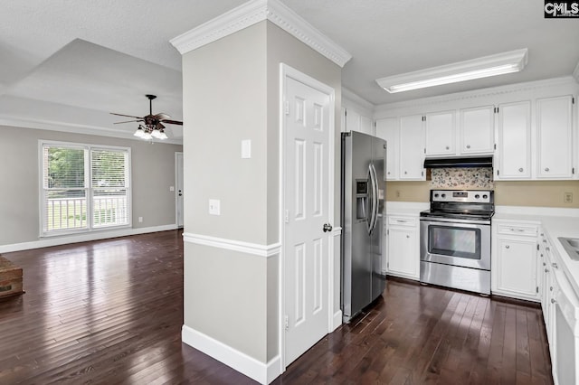 263 Sausage Ln, West Columbia, SC 29170 - kitchen featuring stainless steel appliances, ceiling fan, dark wood-style floors, under cabinet range hood, and white cabinetry