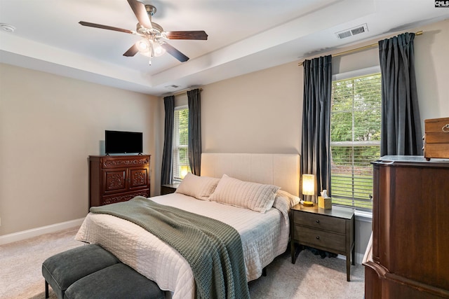 2203 Newberry Landing Cir, Newberry, SC 29108 - bedroom featuring carpet flooring, multiple windows, a raised ceiling, and ceiling fan