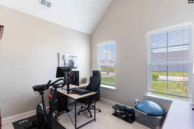 2203 Newberry Landing Cir, Newberry, SC 29108 - carpeted home office featuring baseboards and high vaulted ceiling
