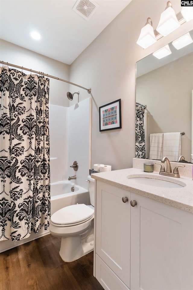 2203 Newberry Landing Cir, Newberry, SC 29108 - full bathroom with wood finished floors, vanity, shower / bath combo, and recessed lighting