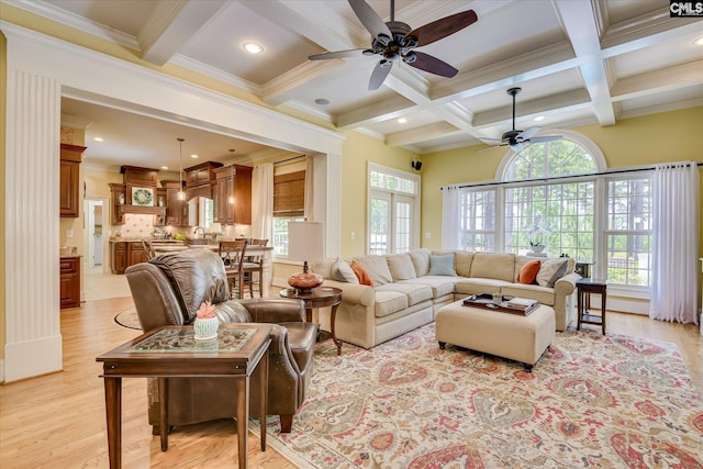 3450 Summerland Hwy, Leesville, SC 29070 - living area with a ceiling fan, healthy amount of natural light, coffered ceiling, beamed ceiling, and crown molding