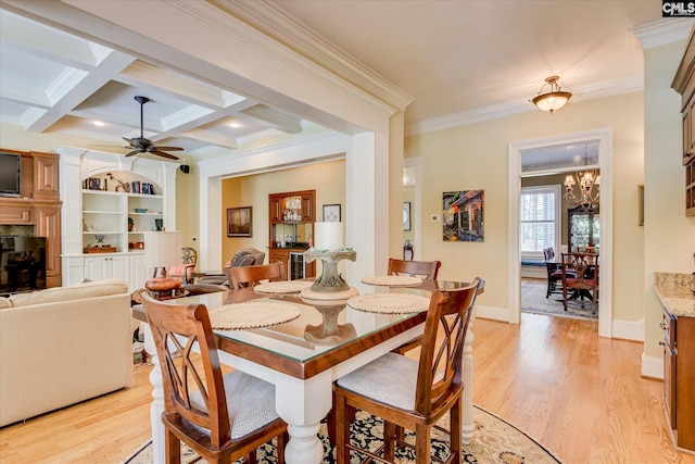 3450 Summerland Hwy, Leesville, SC 29070 - dining room with ceiling fan, beam ceiling, crown molding, light wood-style floors, and coffered ceiling