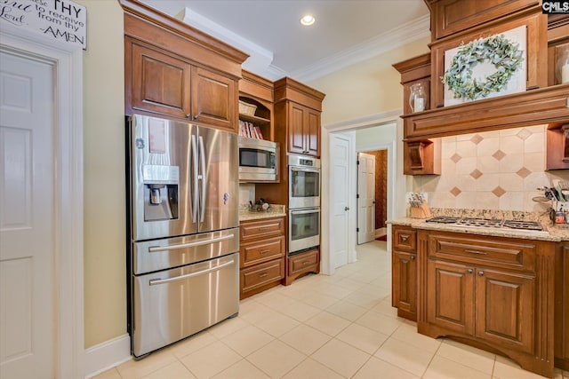 3450 Summerland Hwy, Leesville, SC 29070 - kitchen with appliances with stainless steel finishes, open shelves, decorative backsplash, light tile patterned floors, and crown molding