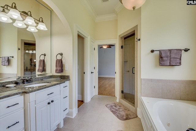 3450 Summerland Hwy, Leesville, SC 29070 - full bath featuring vanity, a shower stall, a tub with jets, crown molding, and tile patterned floors