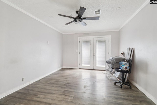 2032 Pinewood St, Cayce, SC 29033 - unfurnished room featuring french doors, ceiling fan, wood finished floors, crown molding, and a textured ceiling