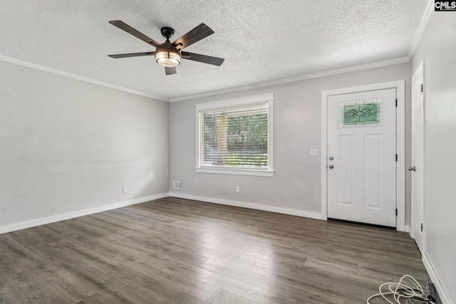 2032 Pinewood St, Cayce, SC 29033 - foyer with ceiling fan, wood finished floors, crown molding, and a textured ceiling