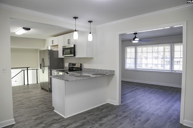 960 Curtis St, Columbia, SC 29210 - kitchen featuring stainless steel appliances, dark wood-style flooring, stone countertops, a ceiling fan, and white cabinets