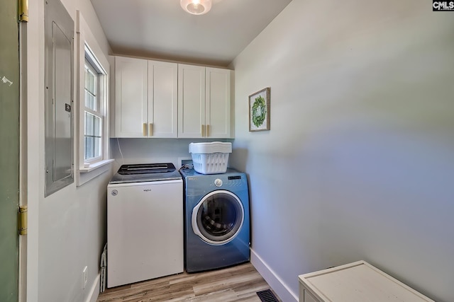 5404 Fairview Rd, Batesburg, SC 29006 - washroom featuring cabinet space, washer and dryer, light wood-type flooring, and electric panel