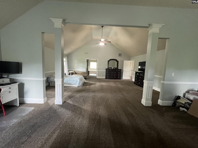 127 Brooklet Dr, Lexington, SC 29072 - carpeted bedroom featuring vaulted ceiling, ornate columns, and a ceiling fan