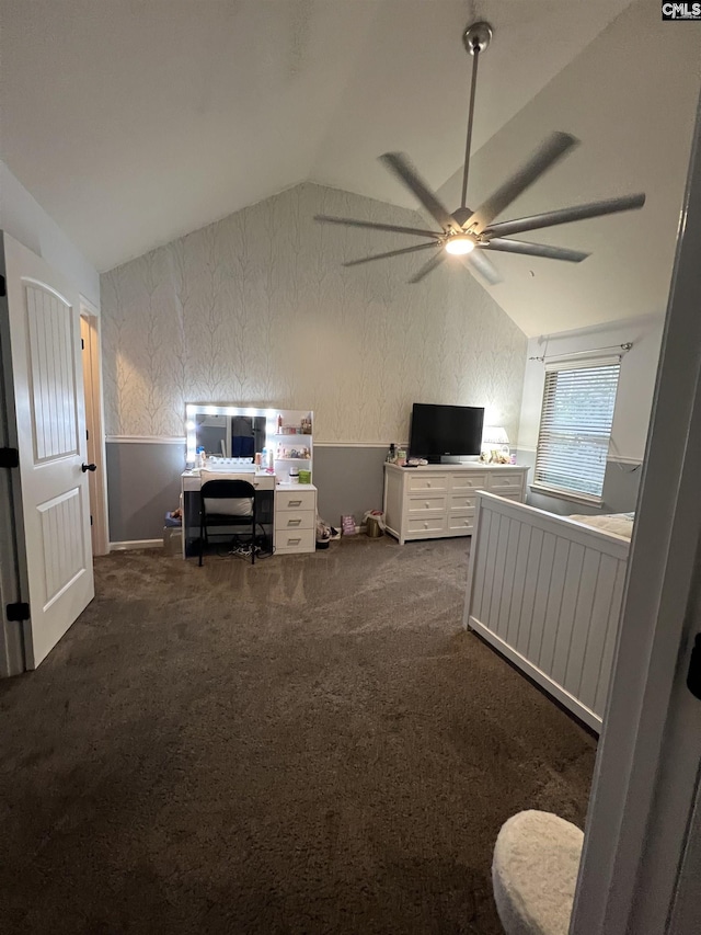 127 Brooklet Dr, Lexington, SC 29072 - living area featuring lofted ceiling, wallpapered walls, a desk, ceiling fan, and carpet floors