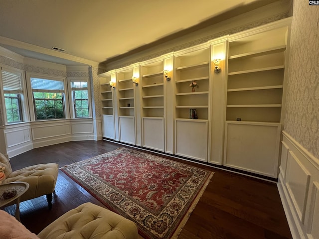 127 Brooklet Dr, Lexington, SC 29072 - sitting room with a decorative wall, wallpapered walls, a wainscoted wall, dark wood-type flooring, and ornamental molding