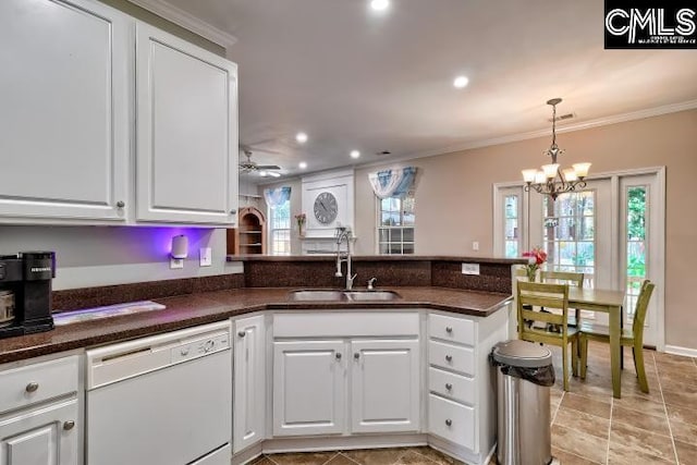211 Lothrop Hill Rd, Lexington, SC 29072 - kitchen with dishwasher, white cabinetry, a ceiling fan, a peninsula, and crown molding