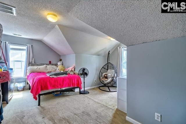 211 Lothrop Hill Rd, Lexington, SC 29072 - bedroom featuring a textured ceiling, carpet flooring, multiple windows, and lofted ceiling