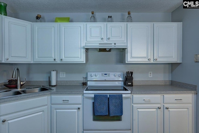 27 Lacebark Ln, Elgin, SC 29045 - kitchen with electric stove, under cabinet range hood, white cabinetry, and a textured ceiling
