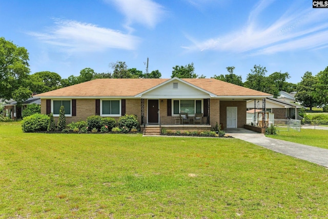 1159 Starview Dr, West Columbia, SC 29172 - ranch-style house featuring covered porch, driveway, a front lawn, brick siding, and an attached carport