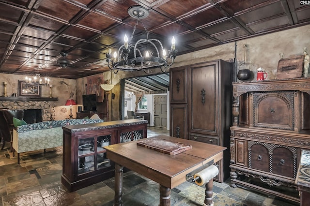 648 E Point Dr, Gilbert, SC 29054 - home office with a chandelier, an ornate ceiling, stone tile floors, and ceiling fan