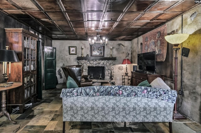 648 E Point Dr, Gilbert, SC 29054 - living area featuring stone finish floors, a stone fireplace, and an ornate ceiling