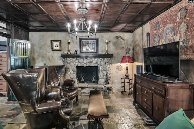 648 E Point Dr, Gilbert, SC 29054 - living room with an ornate ceiling, a chandelier, stone finish flooring, and a fireplace