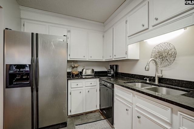 kitchen featuring dark stone counters, white cabinets, stainless steel fridge with ice dispenser, sink, and light tile flooring