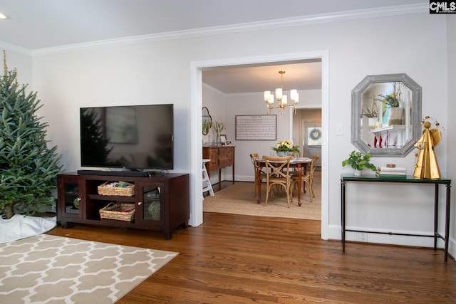 living room with dark hardwood / wood-style floors, an inviting chandelier, and ornamental molding