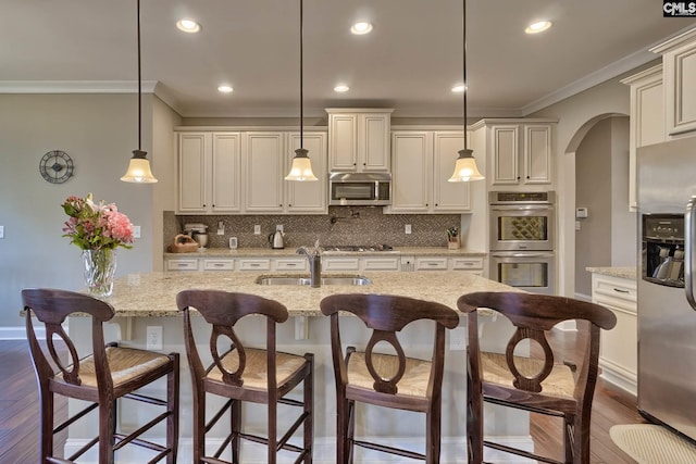 kitchen featuring an island with sink, pendant lighting, dark hardwood / wood-style flooring, stainless steel appliances, and tasteful backsplash