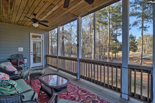 sunroom / solarium featuring wood ceiling and ceiling fan