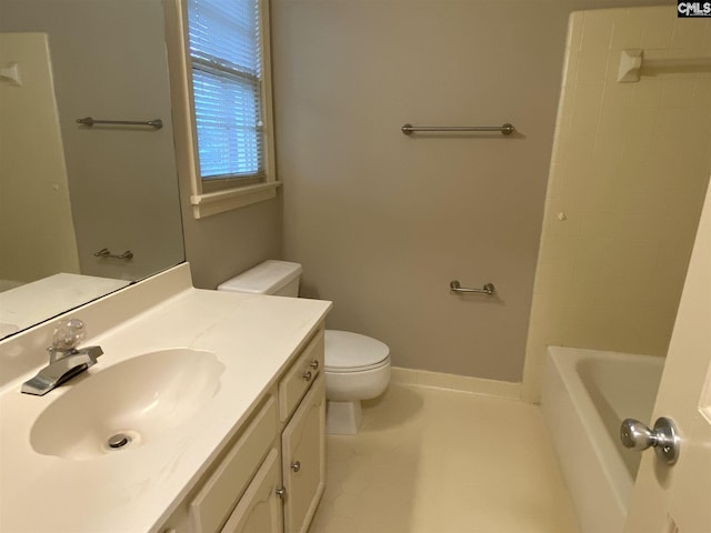 full bathroom featuring shower / bathtub combination, toilet, tile flooring, and vanity