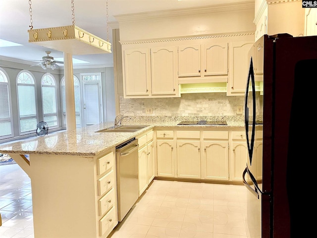 kitchen with sink, ceiling fan, light tile floors, black appliances, and tasteful backsplash