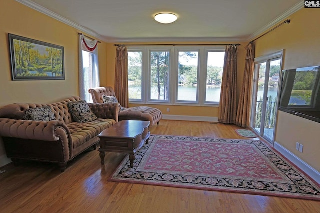 living room featuring crown molding and light hardwood / wood-style floors