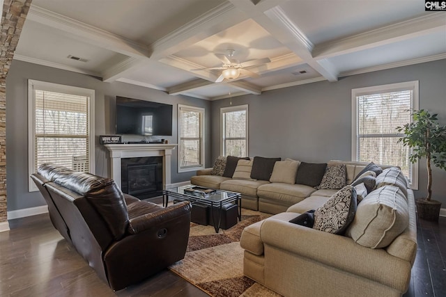 living room with dark hardwood / wood-style flooring, ceiling fan, beamed ceiling, and coffered ceiling
