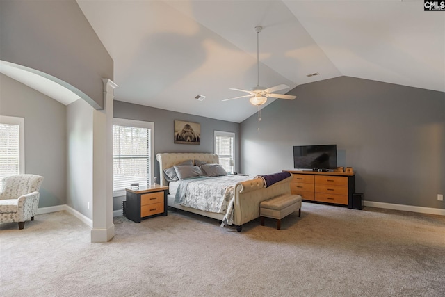 carpeted bedroom with lofted ceiling and ceiling fan