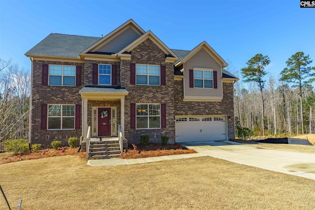 craftsman inspired home with a front yard and a garage